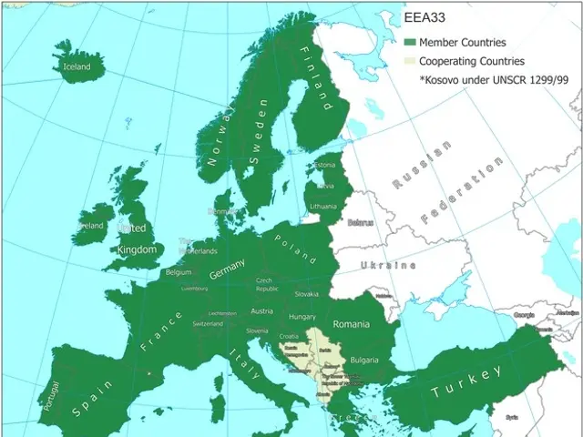 The image shows a poster with a map of Europe, highlighting the member countries of the European...