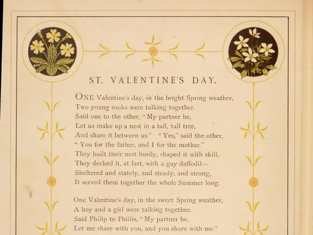 The image shows an open book with a poem written on it, titled "St. Valentine's Day" by Philip...