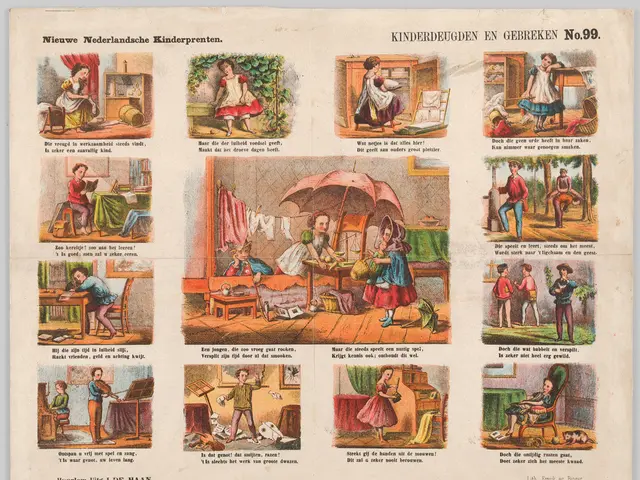 The image shows an old book with a variety of pictures of children playing in the garden. The paper...