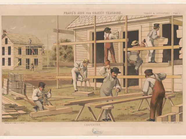 The image shows a group of men working on a house under construction, with wooden planks and other...