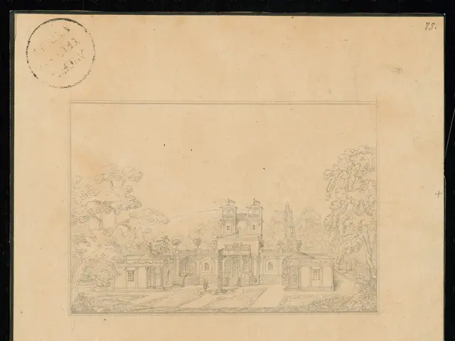 The image shows a drawing of a building in the middle of a park, surrounded by trees. The paper has...