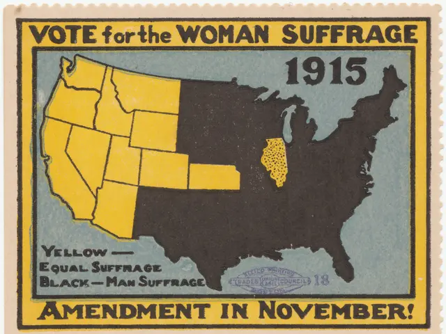 The image shows a poster with a map of the United States and the words "Vote for the Woman...