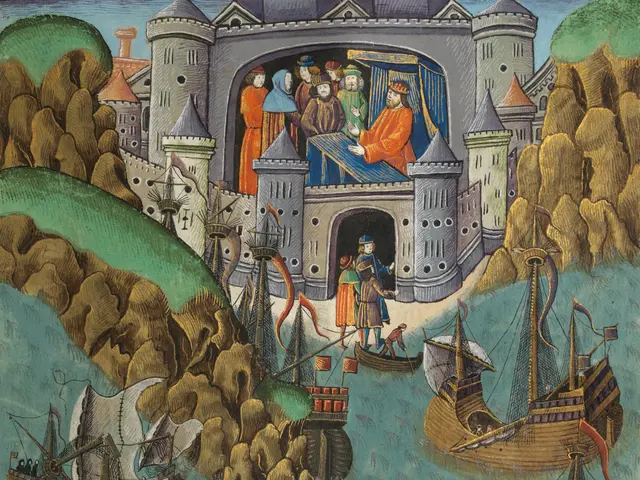 The image shows an illuminated manuscript with a depiction of a castle in the middle of a body of...