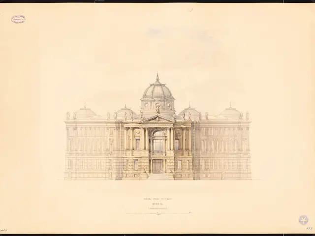 The image shows a drawing of a large building with a dome on top of it, which is identified as the...