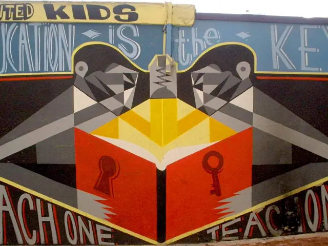 The image shows a mural on the side of a building that reads "United Kids Education is the Key"...