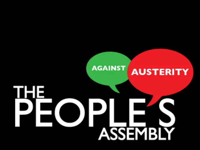 The image shows a poster with the text "The People's Assembly Against Austerity" written in bold,...