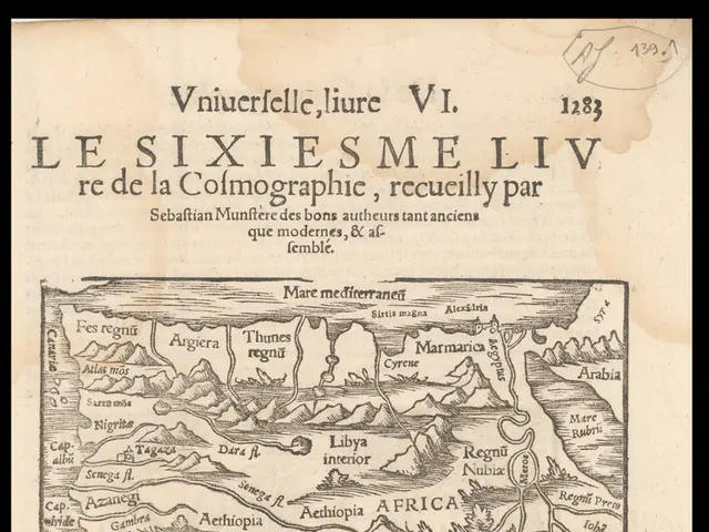The image shows an old book with a black background and a map of Africa on it. The map is detailed...