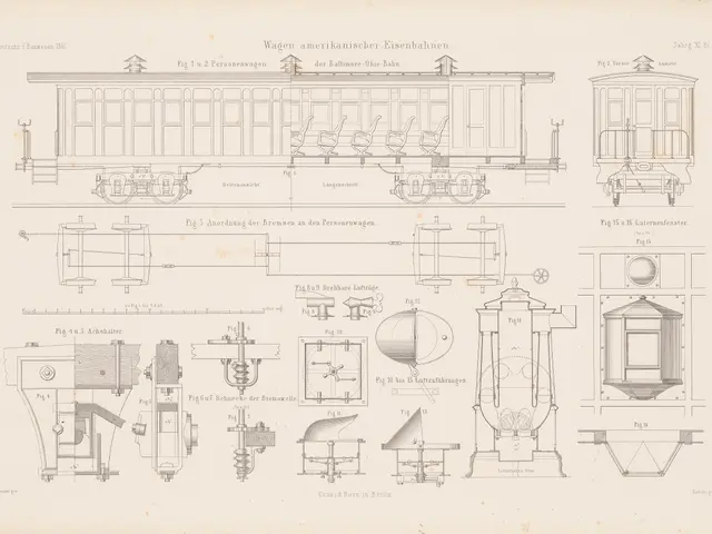 The image shows an old book with a drawing of a train on it. The drawing is detailed and shows the...