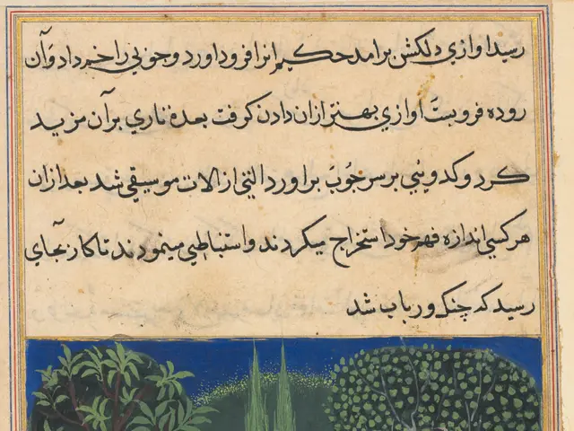 The image shows an illuminated manuscript with a painting of two men playing musical instruments,...