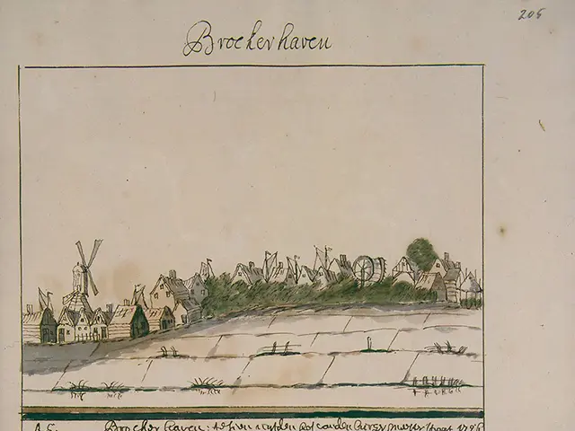The image shows an open book with a drawing of a cityscape featuring houses, trees, and a windmill....