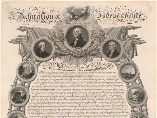 The image shows a paper with the text of the Declaration of Independence of the United States of...