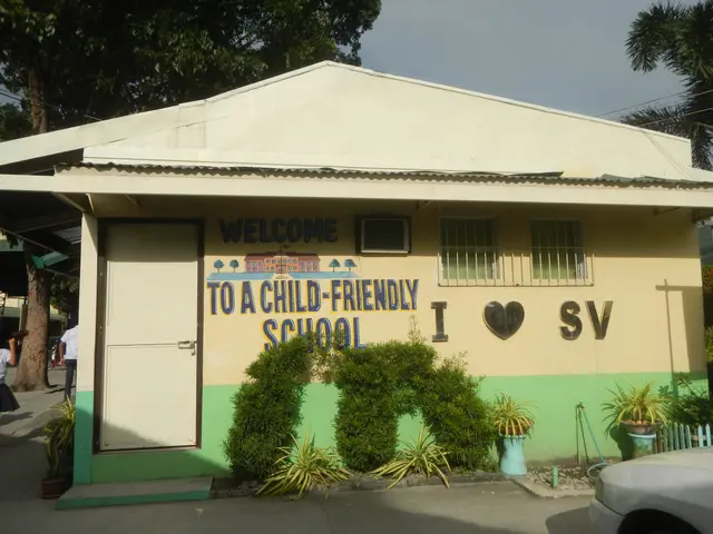 The image shows a schoolhouse with a car parked in front of it. The house has a door, windows, and...