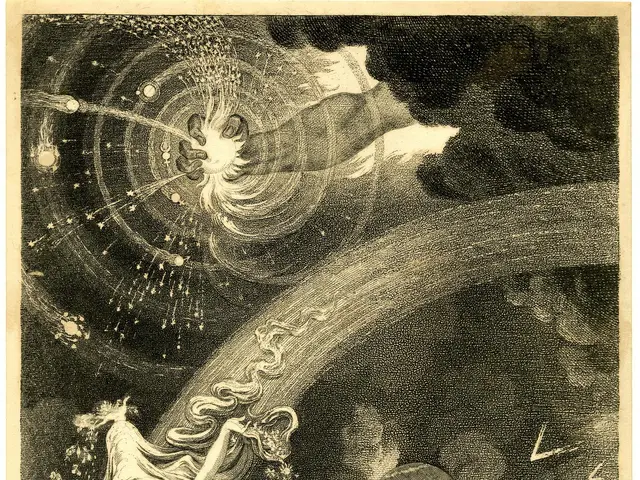 The image shows a poster with a black and white drawing of a woman standing in front of a starry...