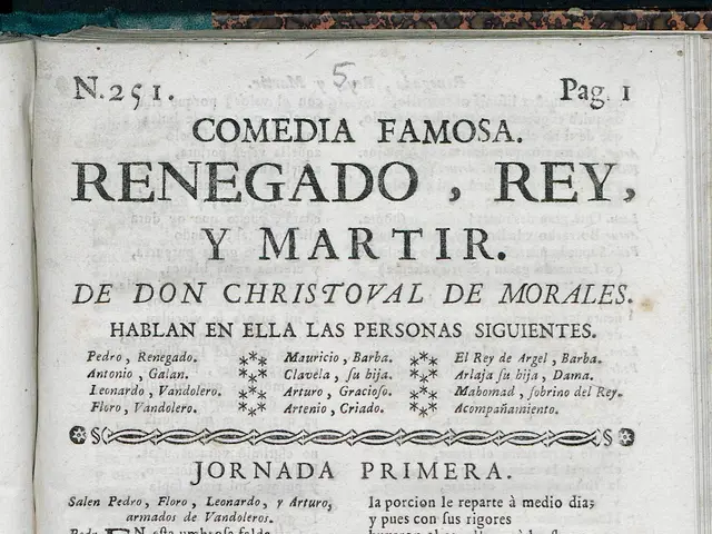 The image shows an open book with the title "Comedia Famosa, Renegado, Rey y Martir" written on it....