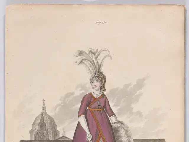 The image shows a woman in a purple and white dress with feathers on her head, standing in front of...