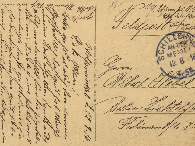 The image shows an old postcard with a blue stamp on it, which is a German postcard from 1857 with...