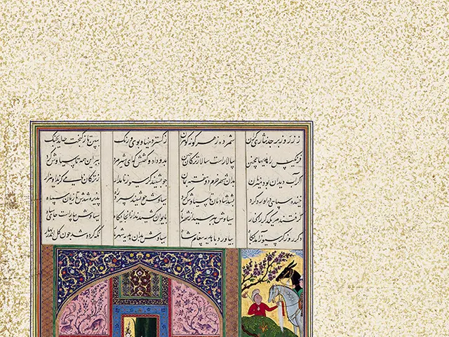 The image shows a miniature painting of a group of people in a room, with text written on the...