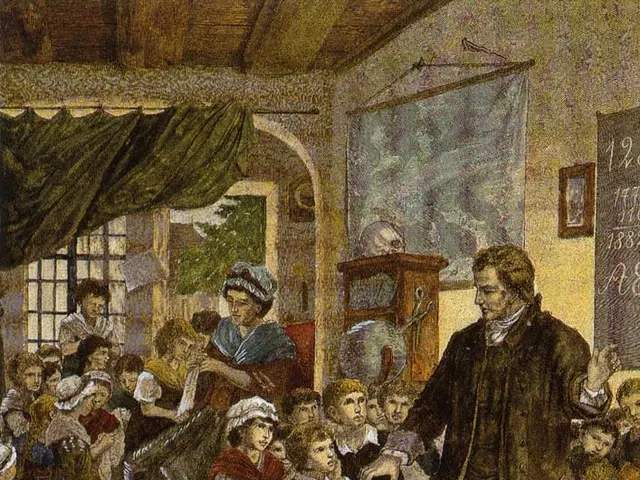 The image shows a painting of a man standing in front of a classroom full of children, some of whom...