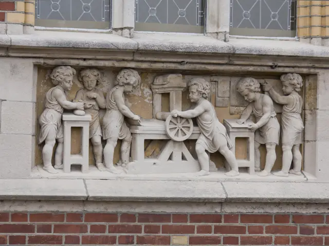 The image shows a stone carving on the side of a building depicting a group of children playing...