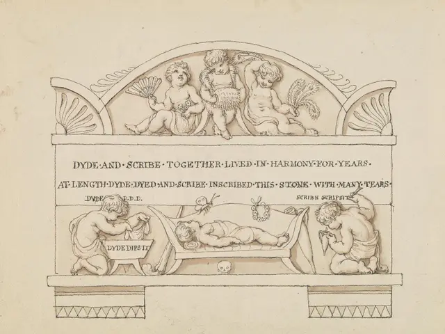 The image shows a drawing of a group of people sitting around a table, with a person lying on a bed...
