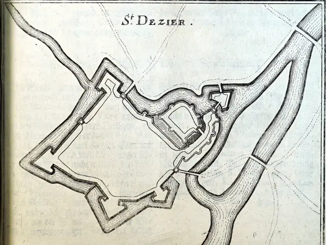 The image shows an old book with a drawing of a map on it. The map is detailed and shows the...