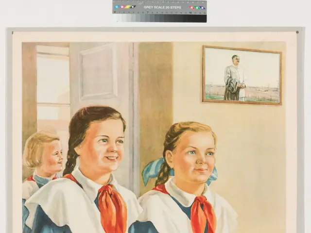 The image shows a poster with a painting of three girls in school uniforms standing in front of a...