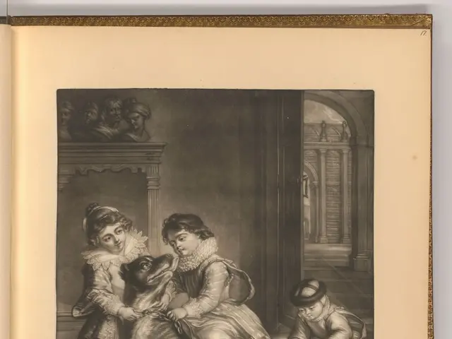 The image shows an open book with a drawing of three children and a dog on it. The children are...