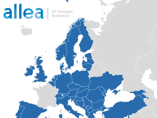 The image shows a map of Europe with all European academies highlighted in blue. The text on the...
