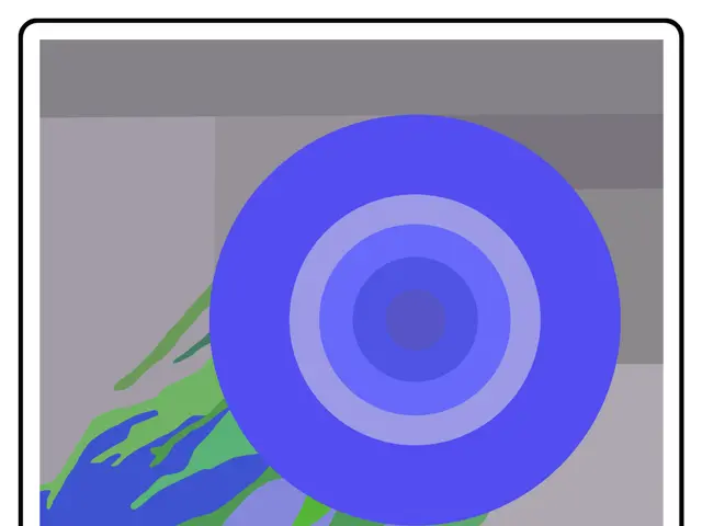 The image shows a poster with a blue and green circle in the center, surrounded by a gray...