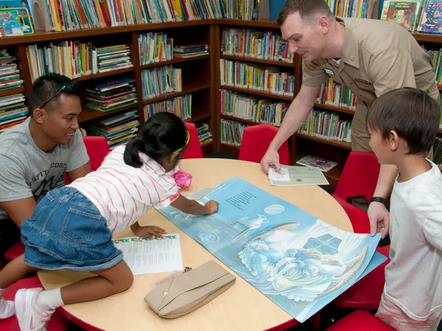 The image shows a group of people sitting around a table in a library. On the table there are...