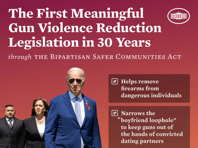 The image shows a poster with three people wearing suits, with the text "The First Meaningful Gun...