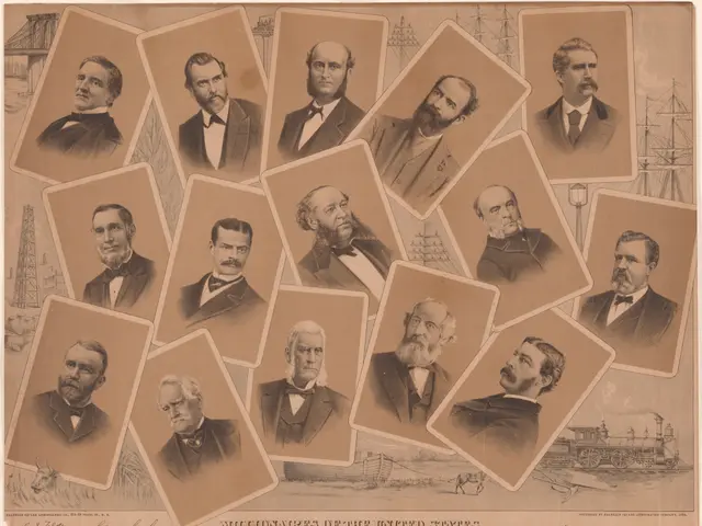 The image shows an old photo of a group of men in suits and ties, with the words "Millionaires of...