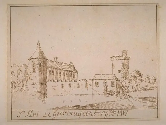 The image shows a drawing of a castle with a tower in the background, surrounded by trees and a...