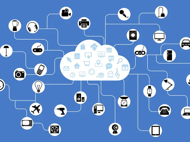 The image shows a blue background with a cloud in the center, surrounded by various icons...