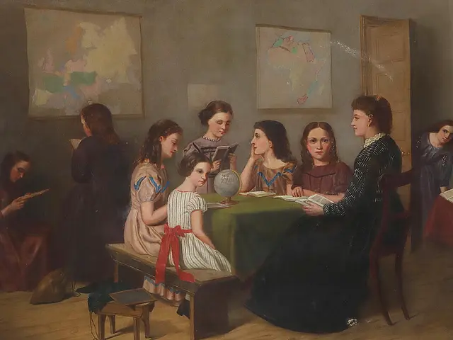 The image shows a painting of a group of children sitting around a table, with a globe, books, and...