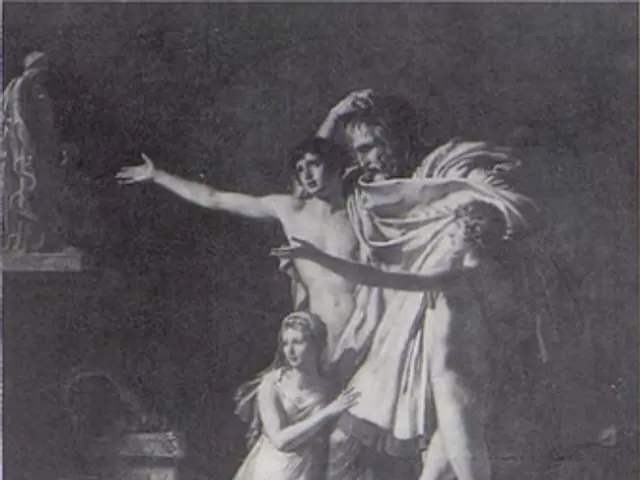 The image shows a black and white drawing of a man and a woman standing next to each other, with a...