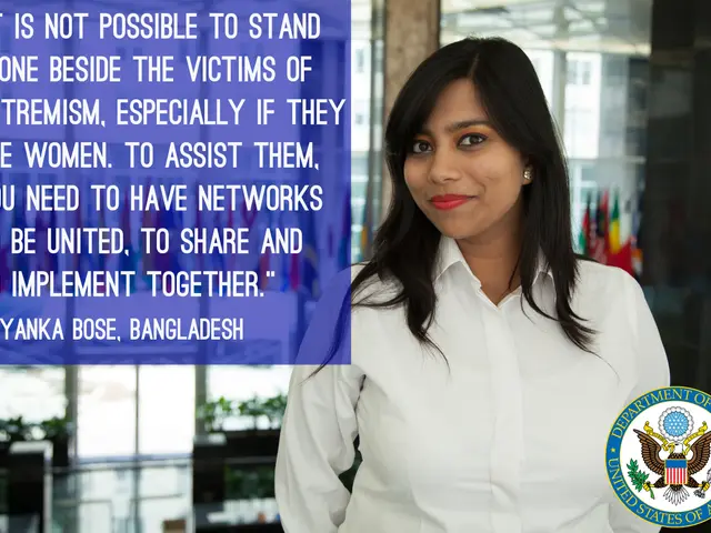 The image shows a woman standing in front of a building with a quote on it that reads, "It is not...