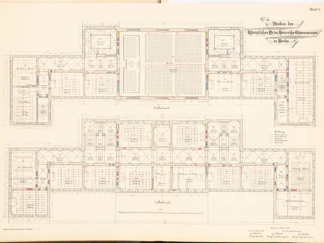 The image shows an open book with a drawing of a floor plan of a building, which is believed to be...