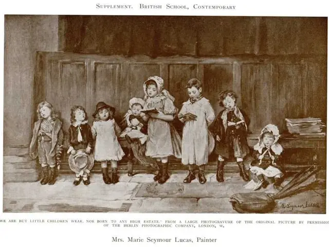 The image shows a group of children standing in front of a wooden door, with some of them holding...