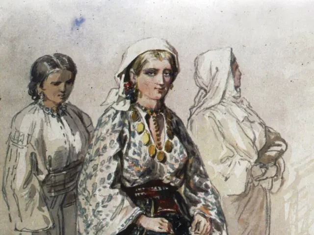 The image shows a painting of three women in traditional clothing, with one of them sitting and the...