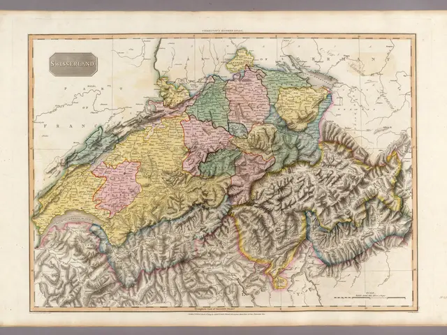 The image shows an old book with a map of Switzerland on it. The map is detailed and shows the...