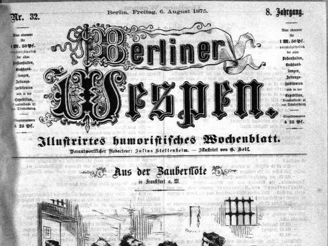 The image shows an old newspaper with a drawing of a group of people on it. The paper is black and...