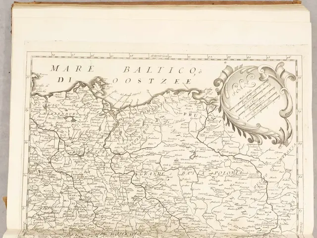 The image shows an old book with a map of Germany on it. The map is detailed and shows the various...