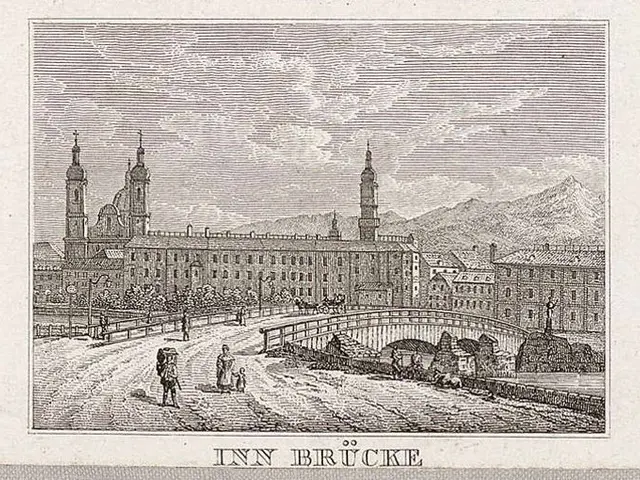 The image shows an engraving of the inn brucke in Munich, Germany. It is a black and white picture...