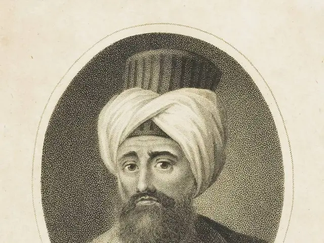 The image shows an engraving of a man with a beard and a turban, identified as Mourat-Bey, the...