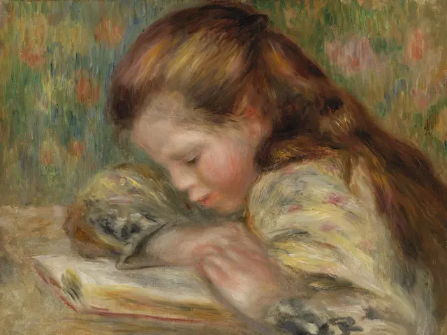 The image shows a young girl reading a book, painted by Pierre Auguste Renoir. She is wearing a...