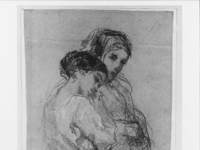 The image shows a black and white drawing of two women, one of whom appears to be a mother and the...