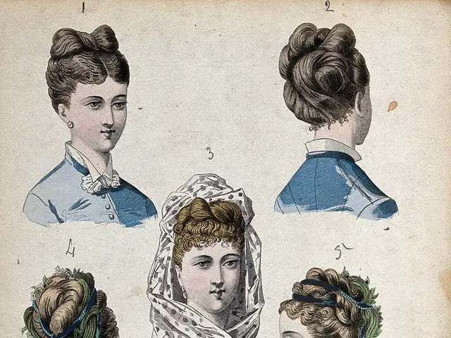 The image shows an old book with a drawing of four women wearing different hairstyles, each with a...