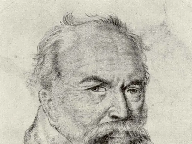 The image shows a black and white drawing of Hans Konrad Gyger, a German philosopher, with a long...