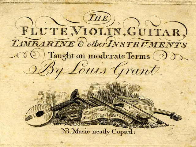 The image shows a paper with text and pictures of musical instruments, including a flute, violin,...